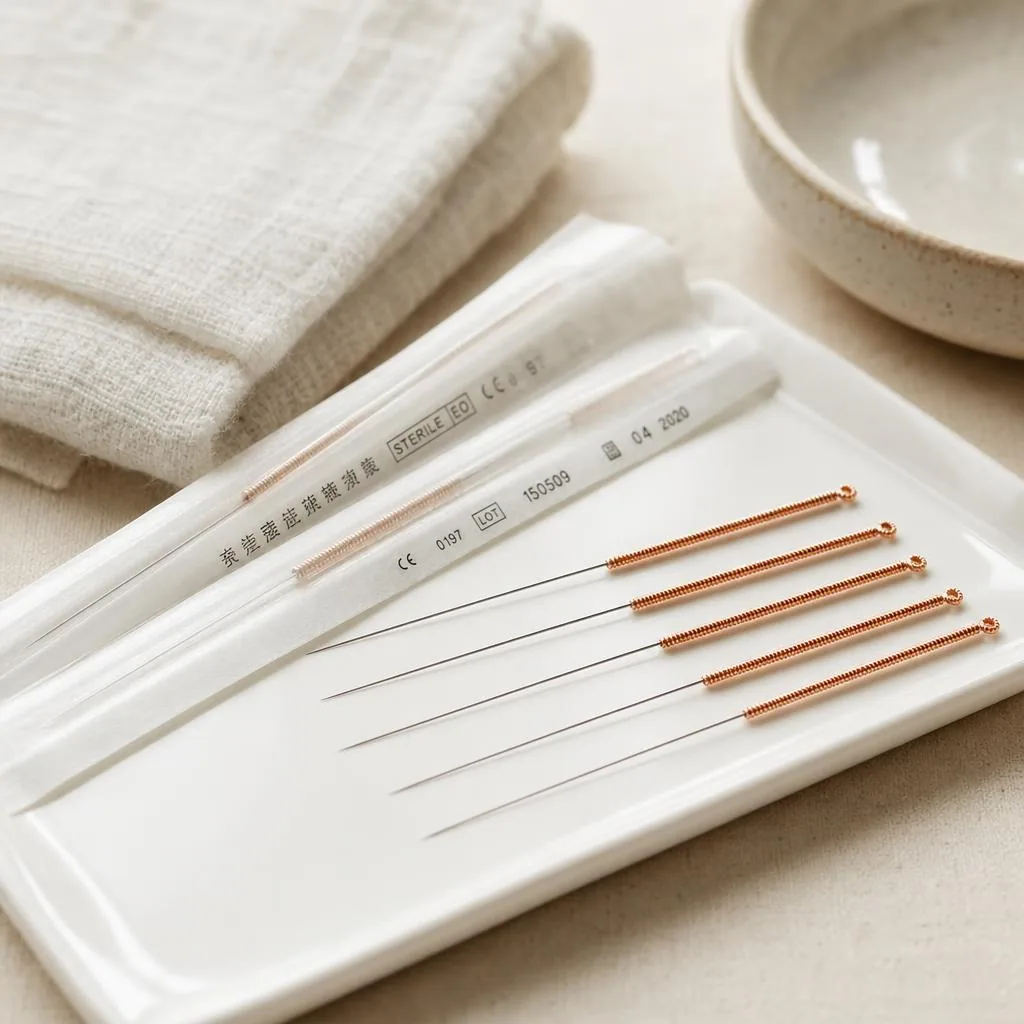 Sterile single-use acupuncture needles with copper-coil handles on a white tray beside their sealed packets
