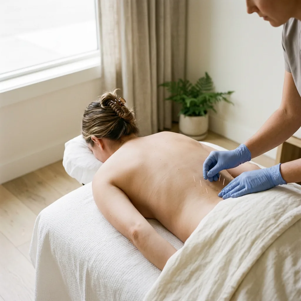 Practitioner placing fine acupuncture needles along a patient's lower back