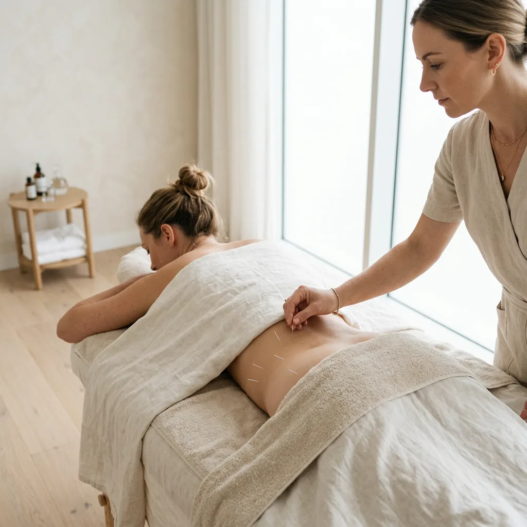 Acupuncture needles placed along a patient's hip and leg following the sciatic nerve path
