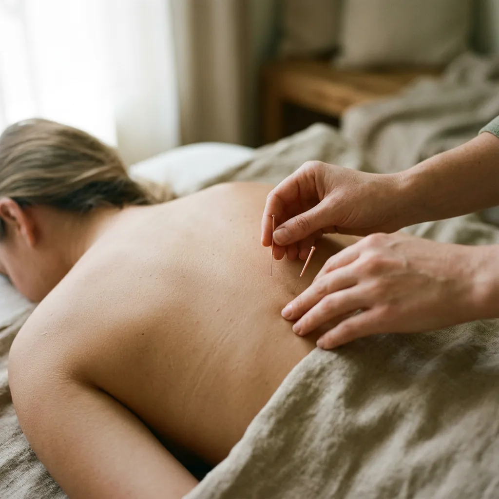 Practitioner placing fine acupuncture needles on a client's upper back
