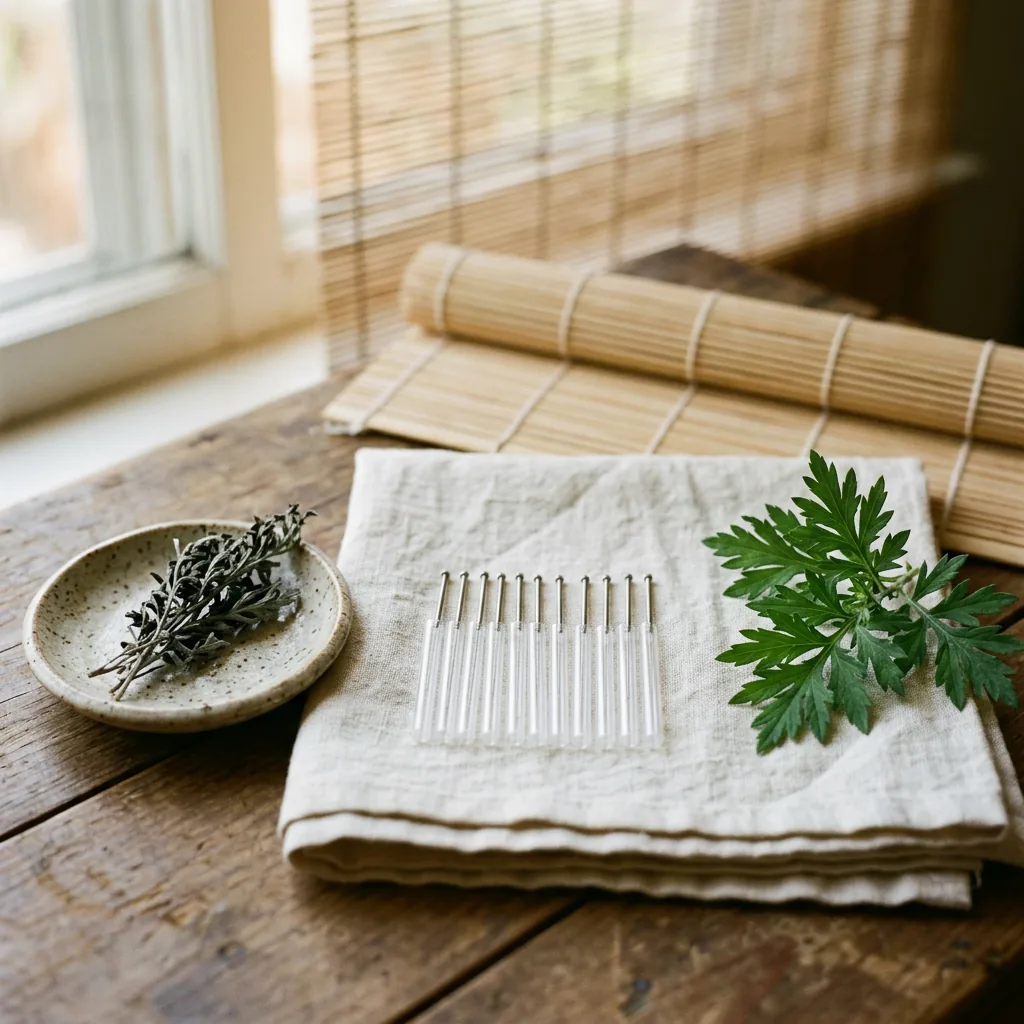 Fine acupuncture needles on folded linen beside a small dish of dried leaves and a bamboo mat