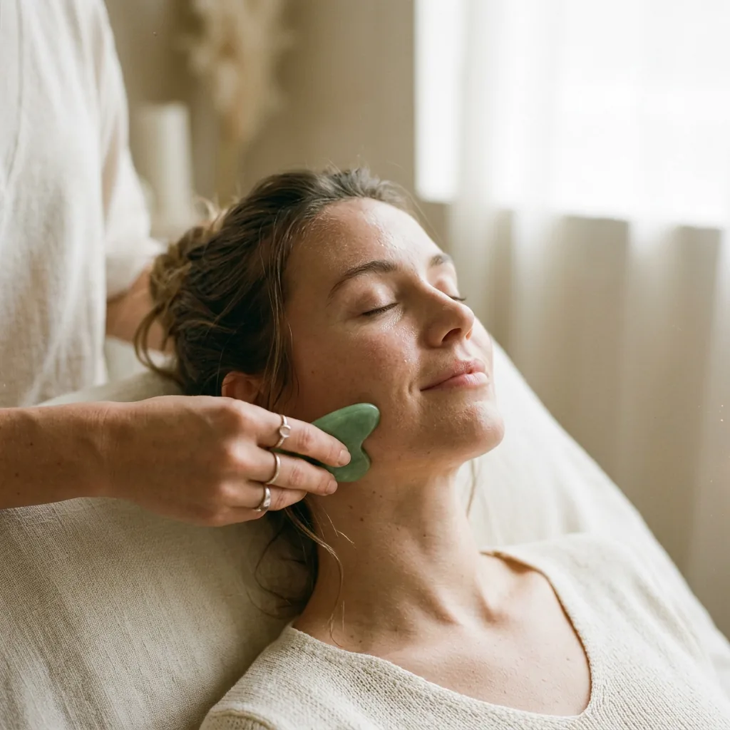 Jade gua sha tool gliding along a client's jawline