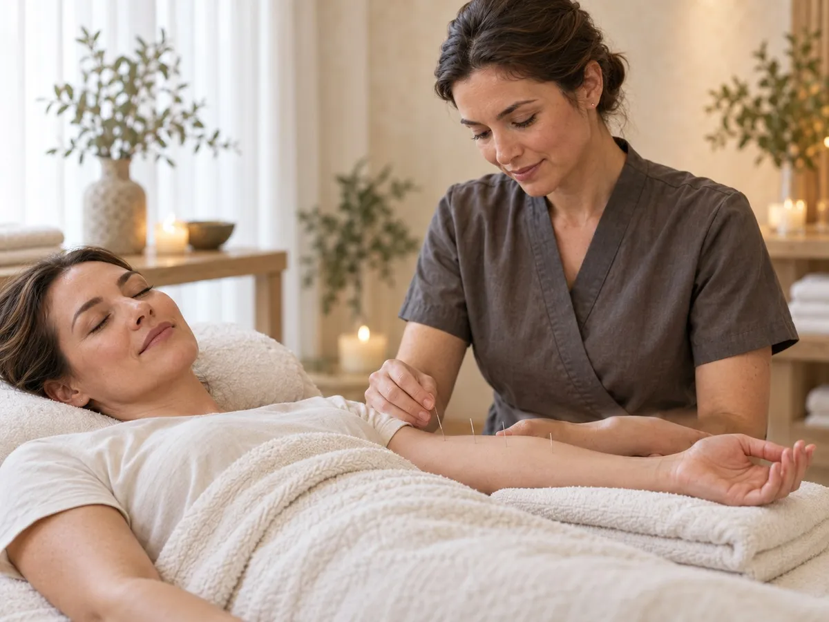 A practitioner places fine acupuncture needles along the forearm of a woman resting face-up under a soft white blanket
