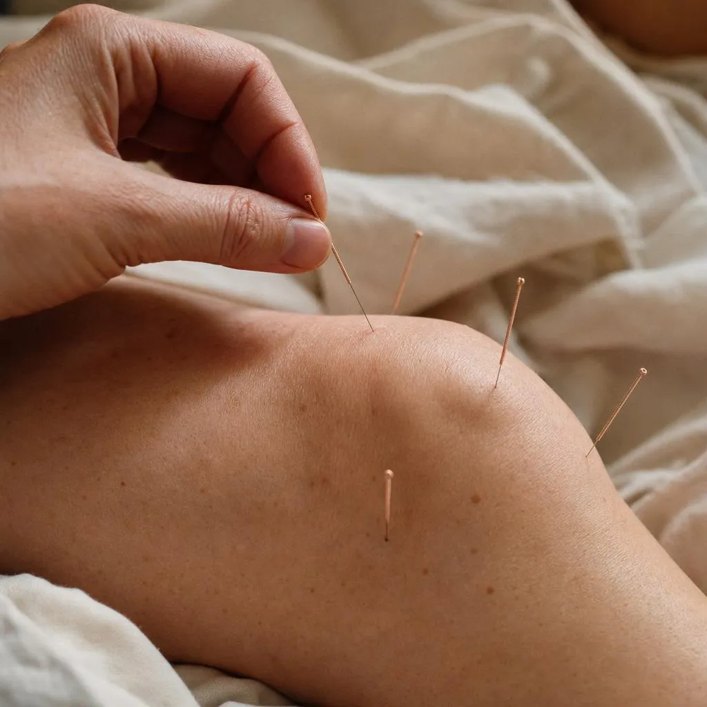 Fingertips setting a fine copper-handled acupuncture needle at the top of a bent knee, four other needles already in place