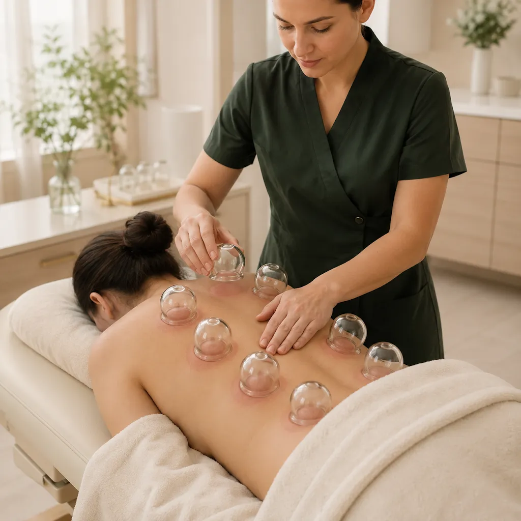 Practitioner placing glass cups along a woman's back, with faint red cupping marks forming around several cups