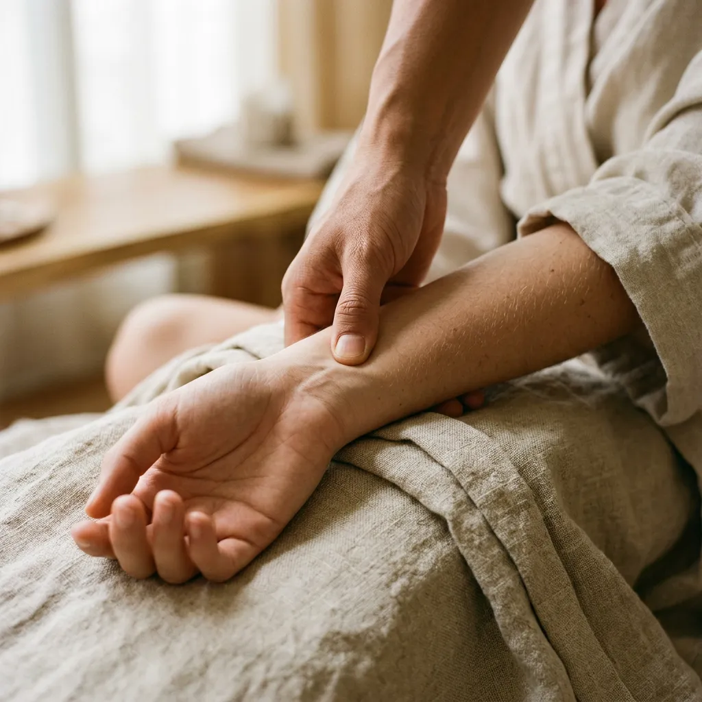 A thumb pressing the inner forearm just above the wrist crease, along the median nerve's route into the carpal tunnel