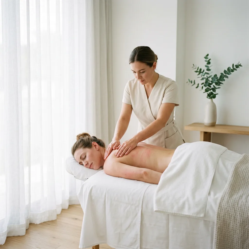Therapist standing over a draped treatment table, working with slow downward pressure between a client's shoulder blades in a bright, daylit room