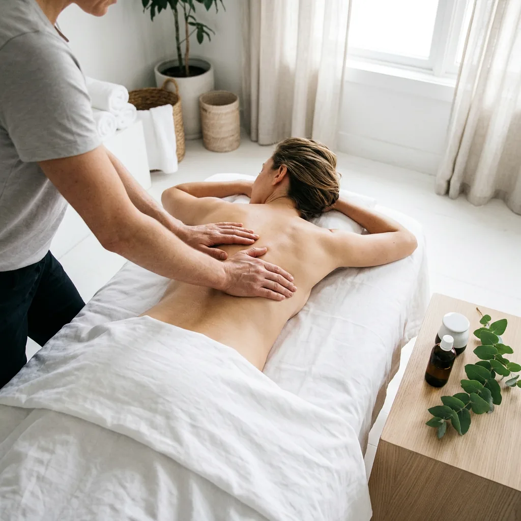 A daylit treatment room mid-session, a therapist working slowly along a draped client's back beside a bright window