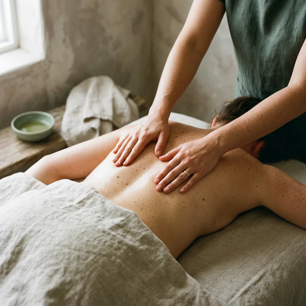 A therapist using both hands to apply firm, sustained pressure along a client's back during a deep tissue massage session