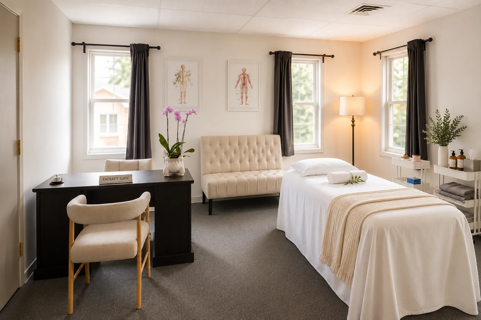 A made-up treatment room at the McLean clinic with a draped massage table, folded towels and a lit floor lamp