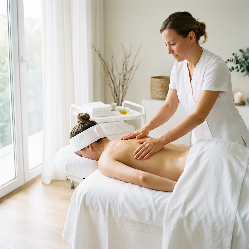 Calm, daylit treatment room where a client lies face-down under white linens while a therapist works across the upper back