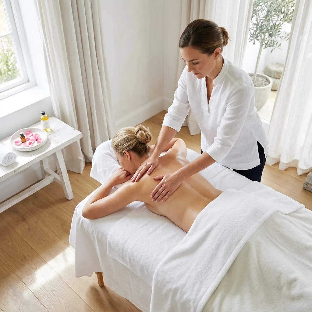 Therapist standing over a draped treatment table using light gliding strokes along a client's back, beside a window and a small tray of oils