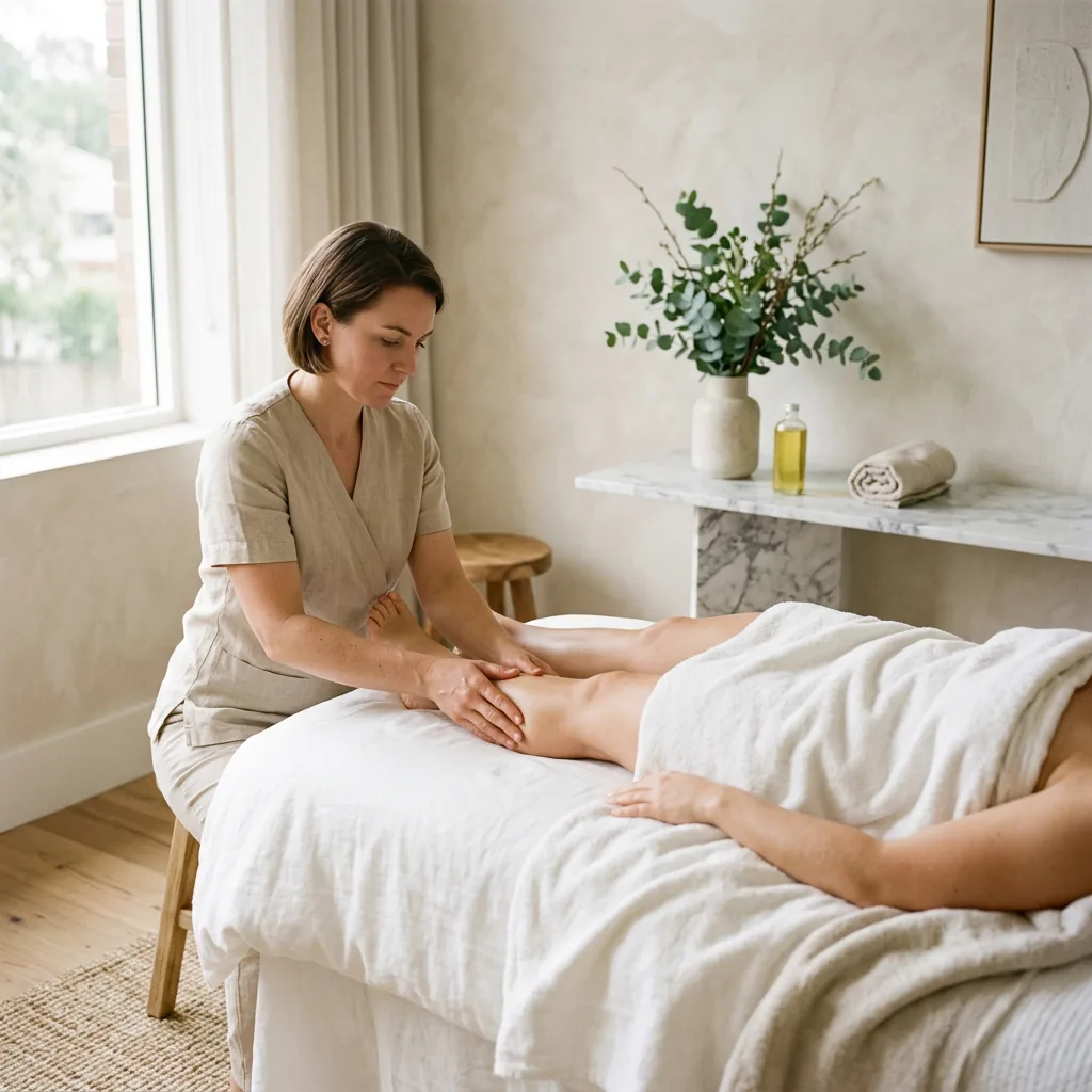Therapist seated beside a draped treatment table, working along a client's lower leg and calf with both hands in a bright, plant-filled room