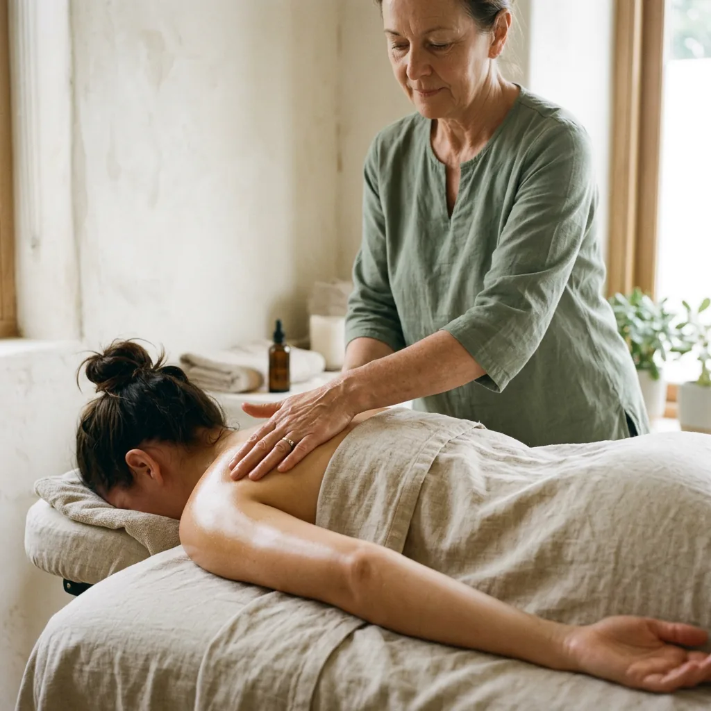 Therapist standing at a draped massage table, using long, flat gliding strokes along a client's back in a bright white treatment room with a window and a small tray of oils