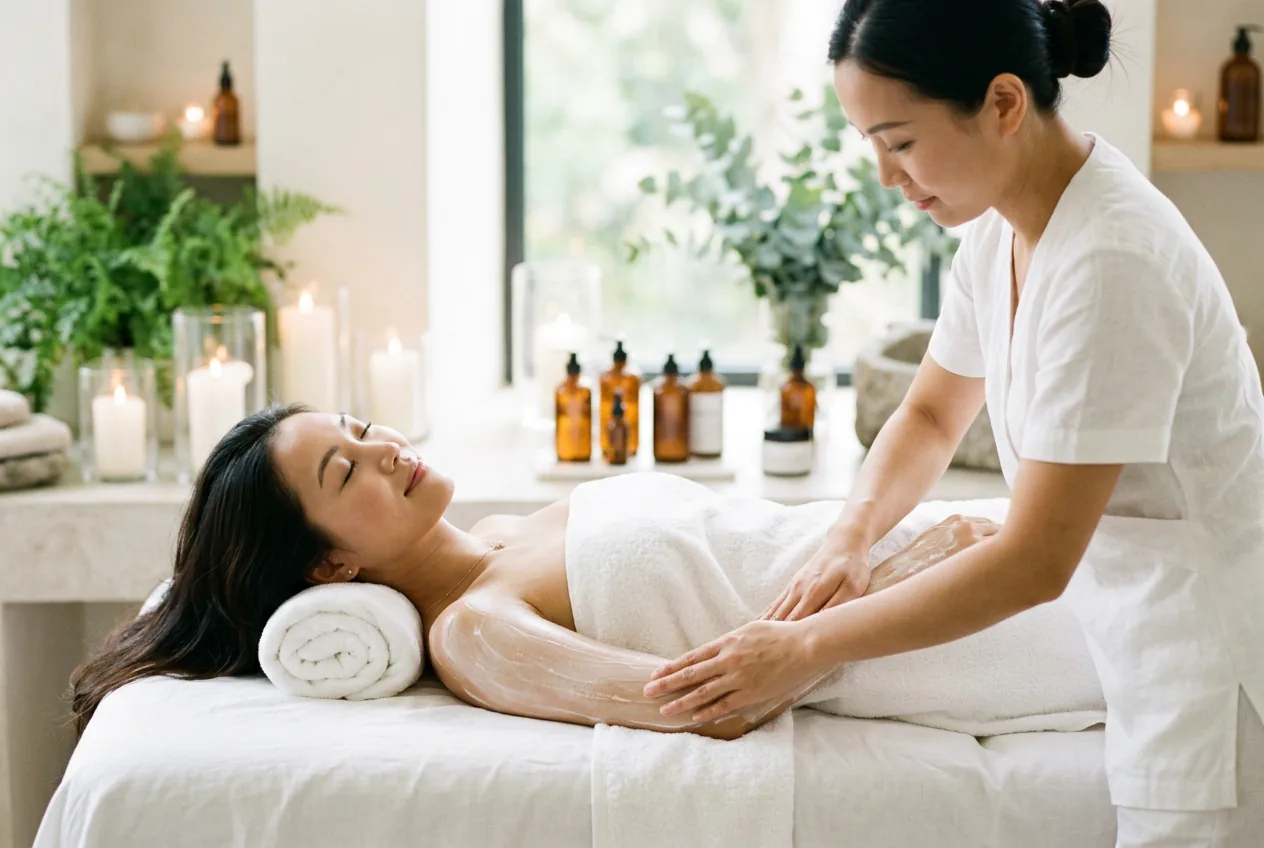 Calm spa treatment room at our McLean clinic — a client resting on the table wrapped in soft white linens