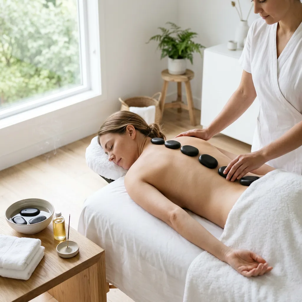Smooth basalt stones laid in a line along a client's spine while the practitioner works alongside them, a bowl of warm stones on the side table