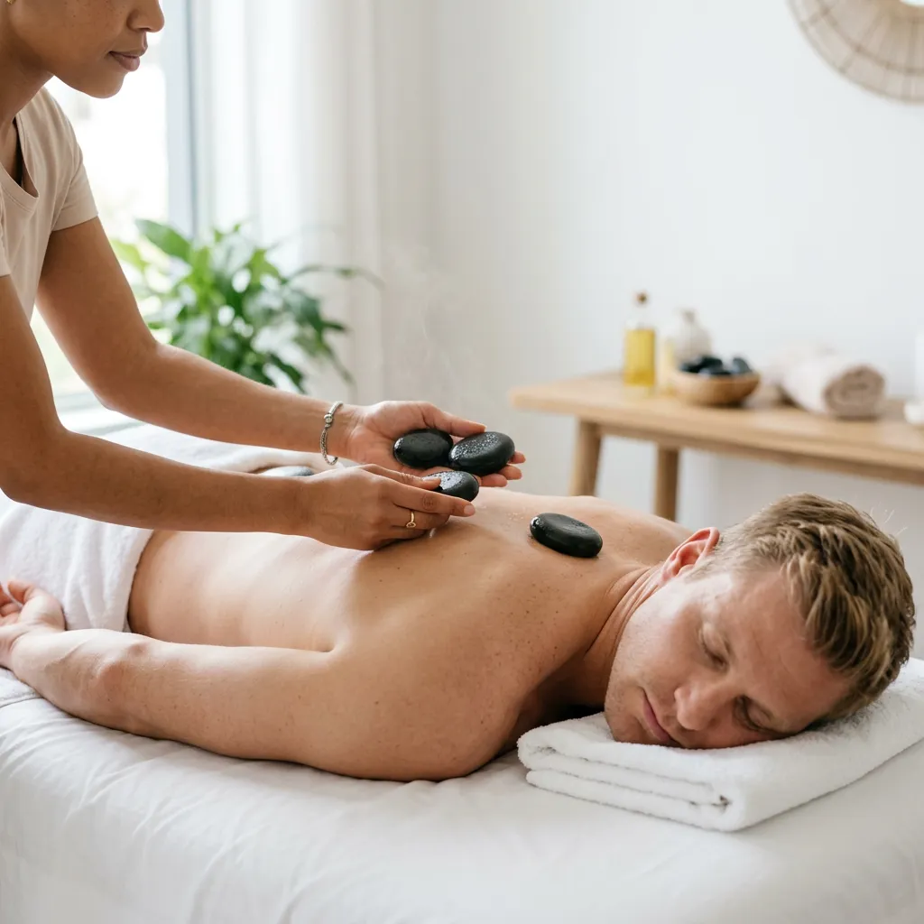 A practitioner placing smooth black basalt stones in a line down a male client's back, with a bowl of stones and oil on the bench behind