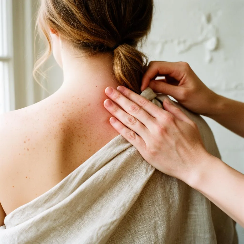 Close view of a practitioner's hands adjusting the linen drape at a client's shoulder, everything else kept covered