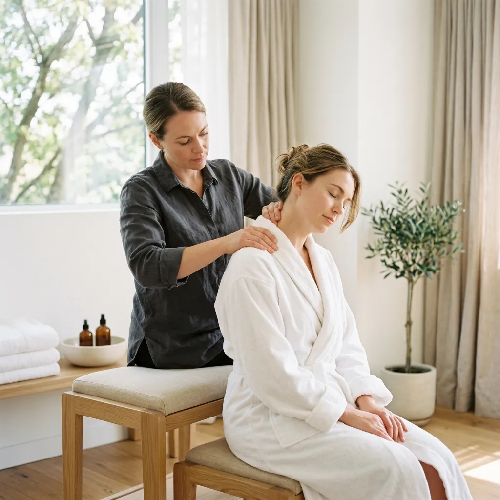 A practitioner standing behind a seated client in a robe, working the side of the neck and shoulder in a bright room with a potted olive tree by the window
