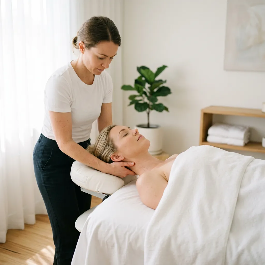 A practitioner standing at the head of the table, supporting a client's neck with both hands while the client lies draped and still