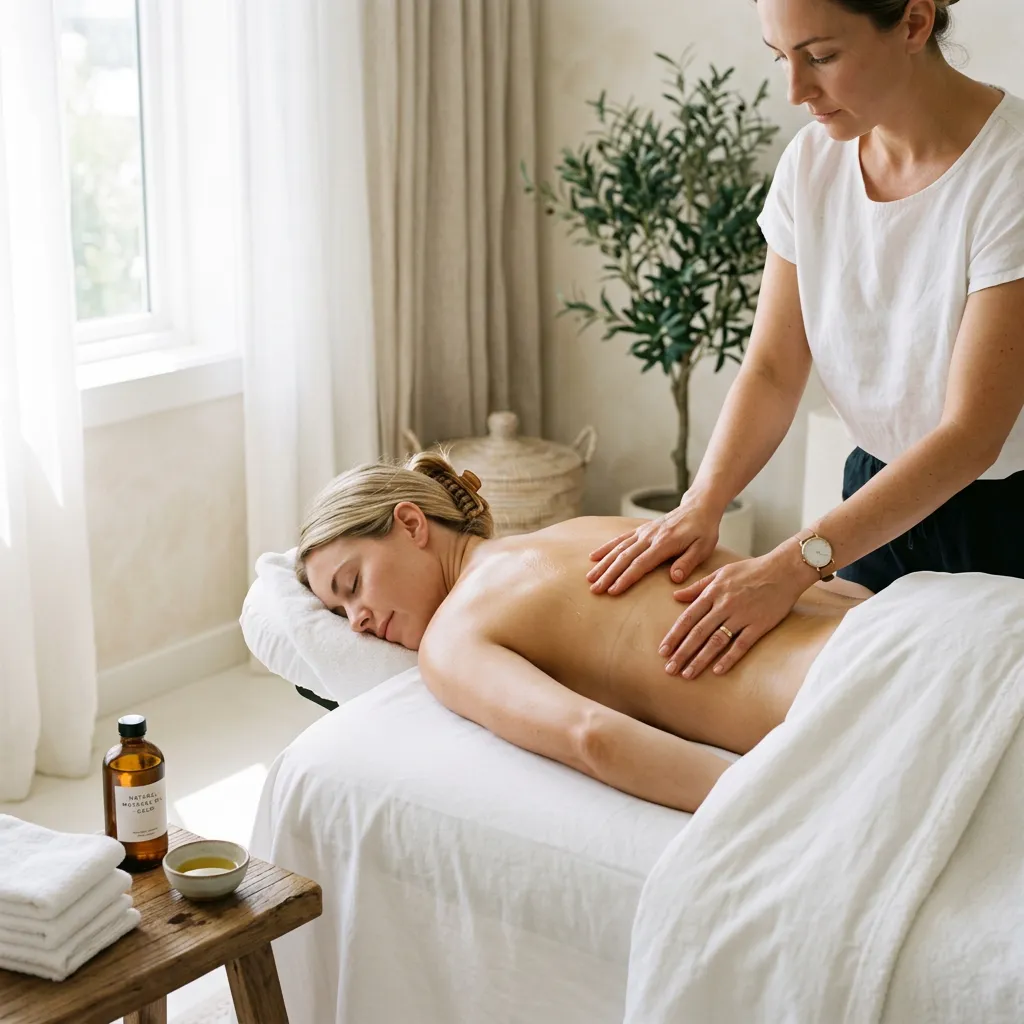A practitioner in a white tee working with both hands along a client's back, beside a curtained window, an olive tree and a wooden bench holding an amber oil bottle and folded towels