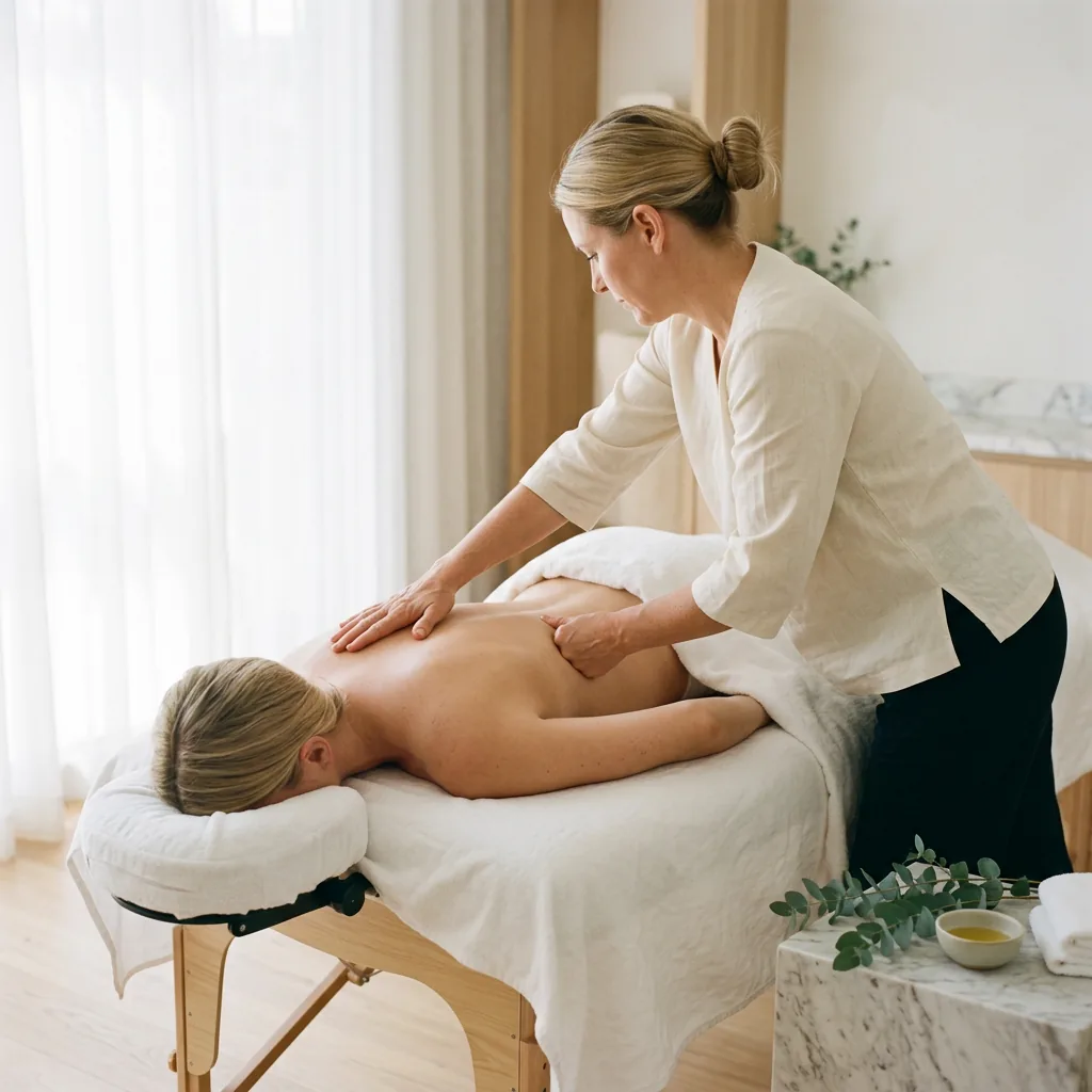 Therapist applying palm pressure along a client's back during tui na massage