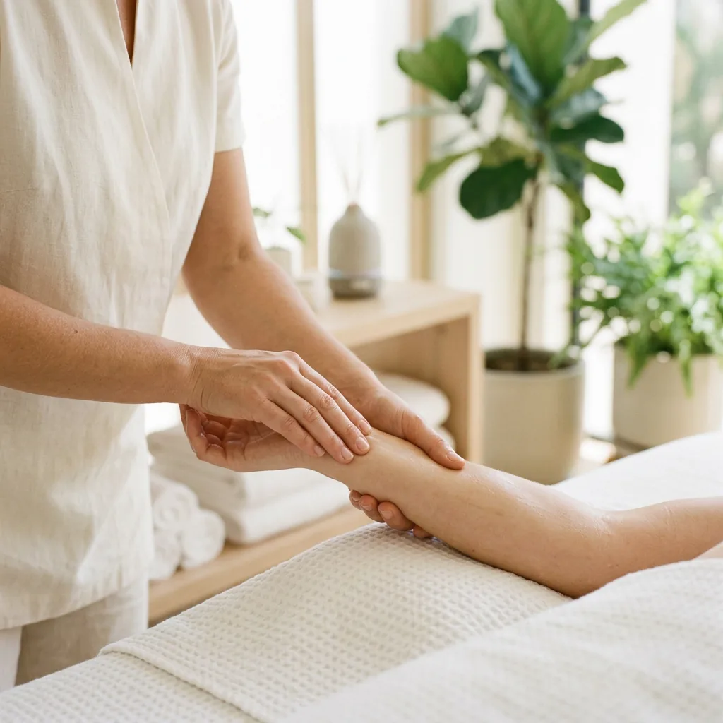 Close view of a practitioner rolling a forearm slowly along a client's back during a tui na massage session