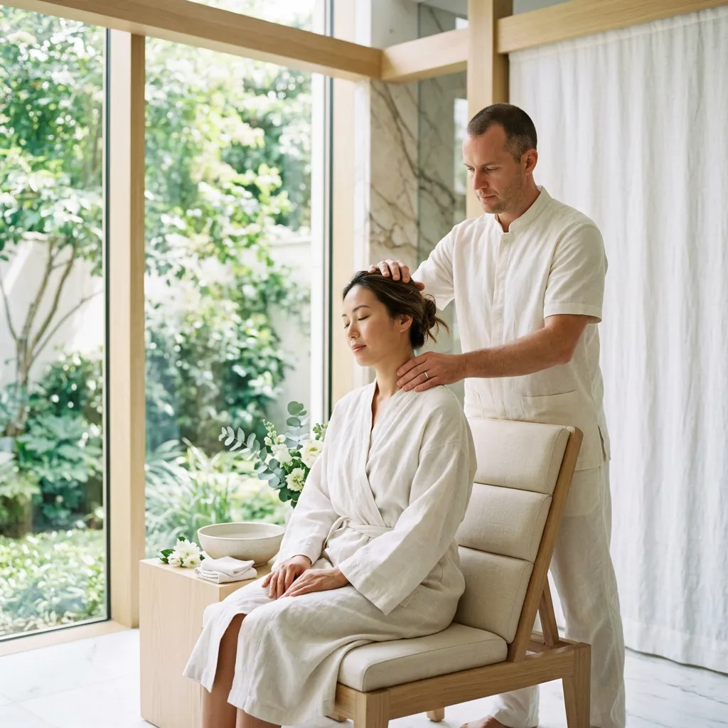 A practitioner working the neck and shoulder of a client seated upright in a chair, beside a window looking onto a garden