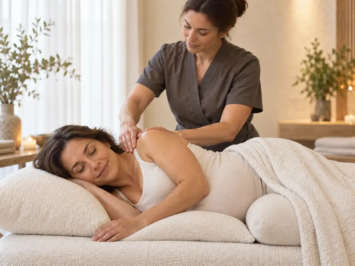 Therapist working a client's shoulder in the side-lying position common in prenatal massage, a pillow under her head