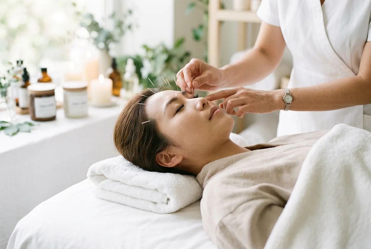 Practitioner gently placing fine acupuncture needles during a calm treatment session