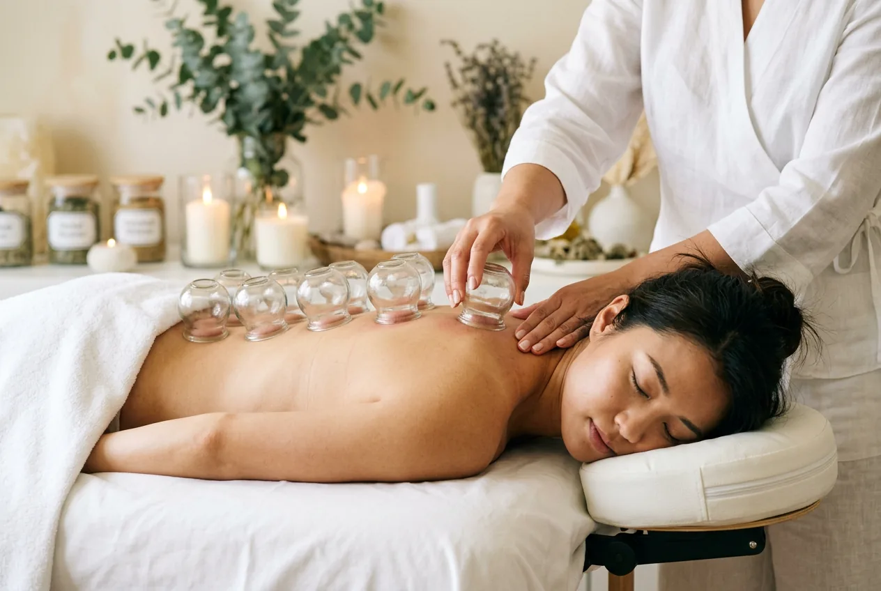 Calm, clean treatment room prepared for a cupping therapy session