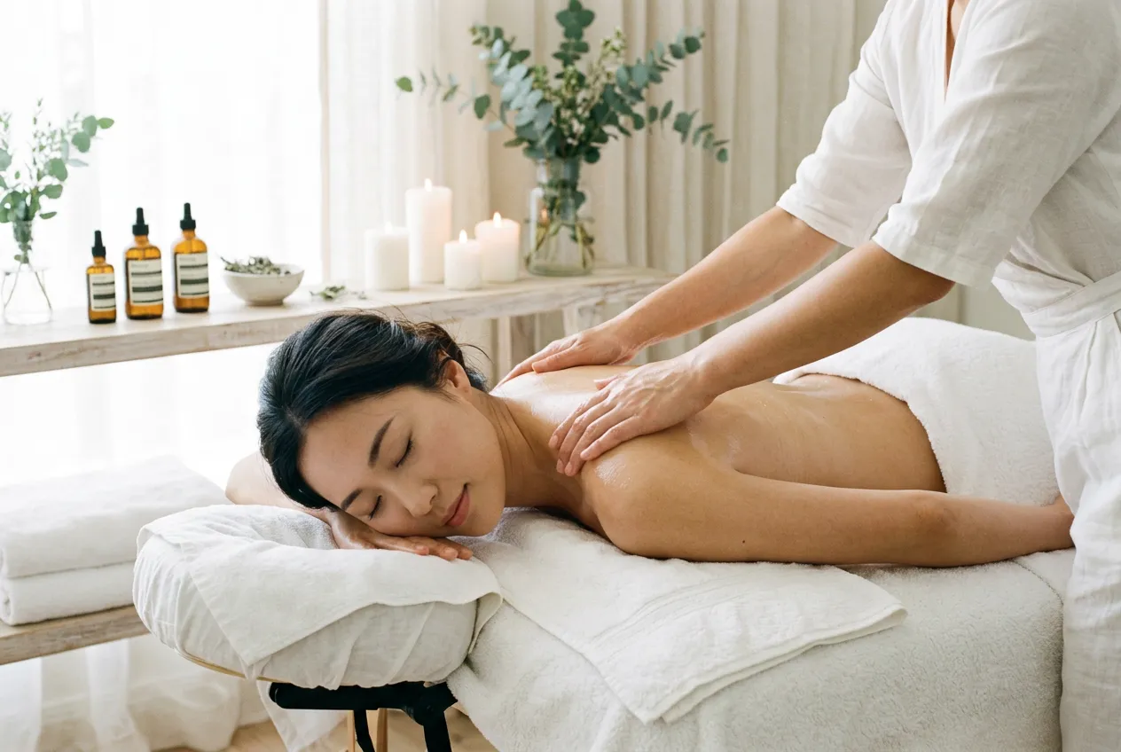A practitioner working with both hands along a client's back, with eucalyptus in a vase, lit candles and amber oil bottles on the shelf behind
