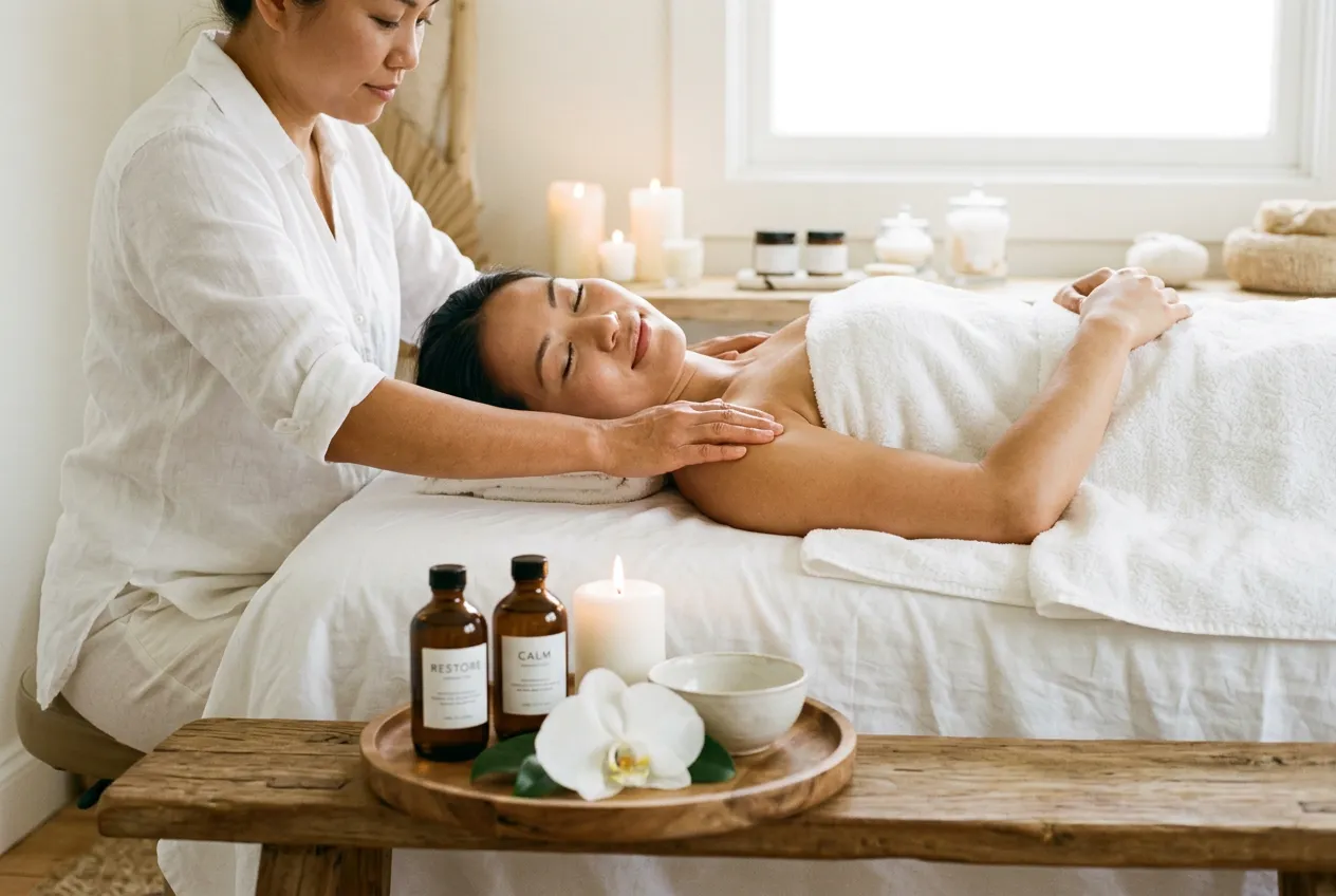 A practitioner working along a client's shoulder from the head of a treatment table, with oils, a lit candle and an orchid on a wooden bench in the foreground