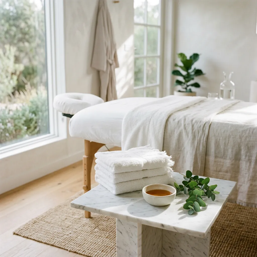 An empty treatment room made up and waiting — a freshly dressed table by a garden window, a robe on the wall, folded white towels and a small bowl of oil on a marble side table