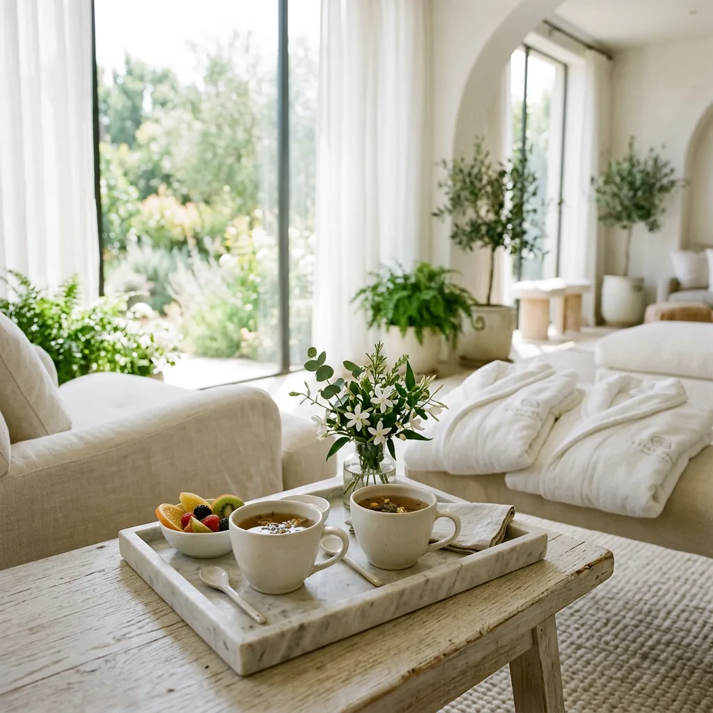 A daylit lounge area with a low table set for tea service, cushioned seating and soft window light